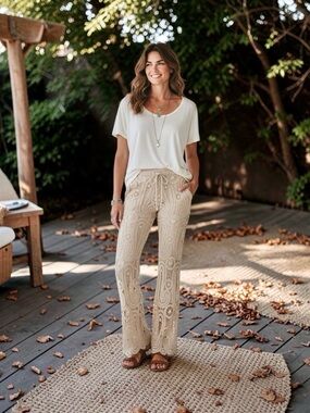 Crochet Wide-Leg Pants - Cream